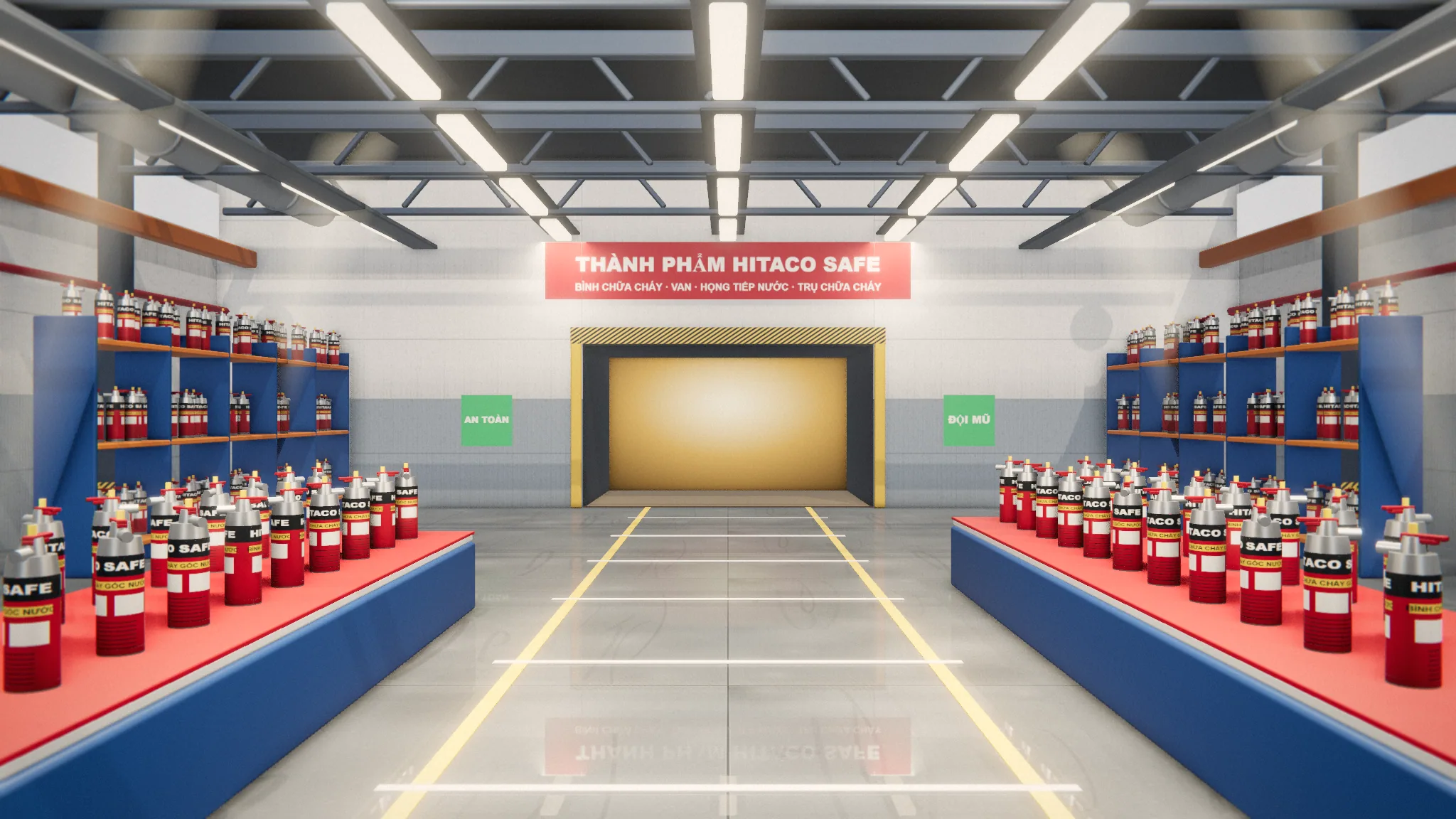 Bàn trưng bày bình chữa cháy HITACO SAFE (hình dựng 3D minh họa)