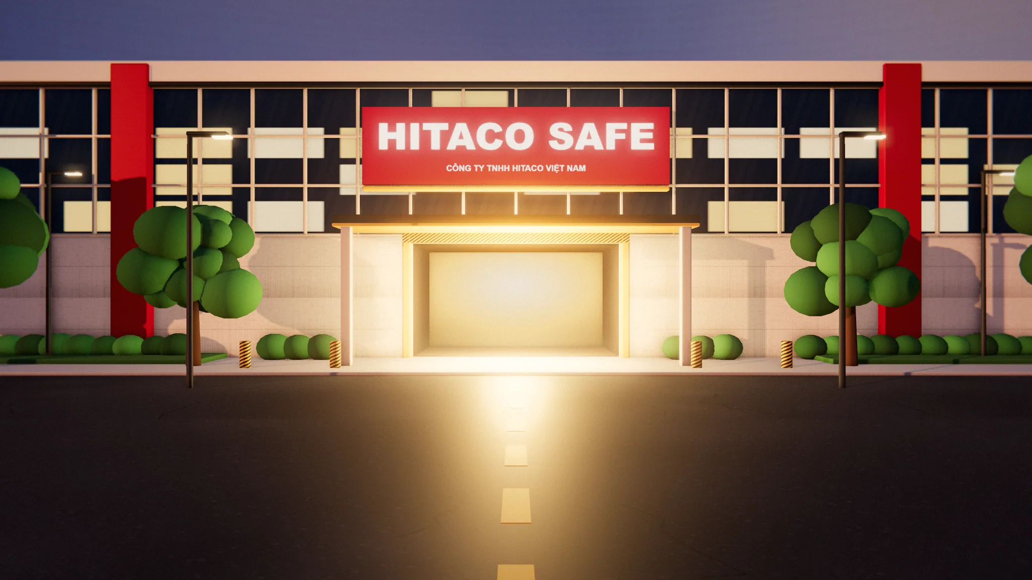 Trụ sở nhà máy HITACO SAFE lúc hoàng hôn (hình dựng 3D minh họa)