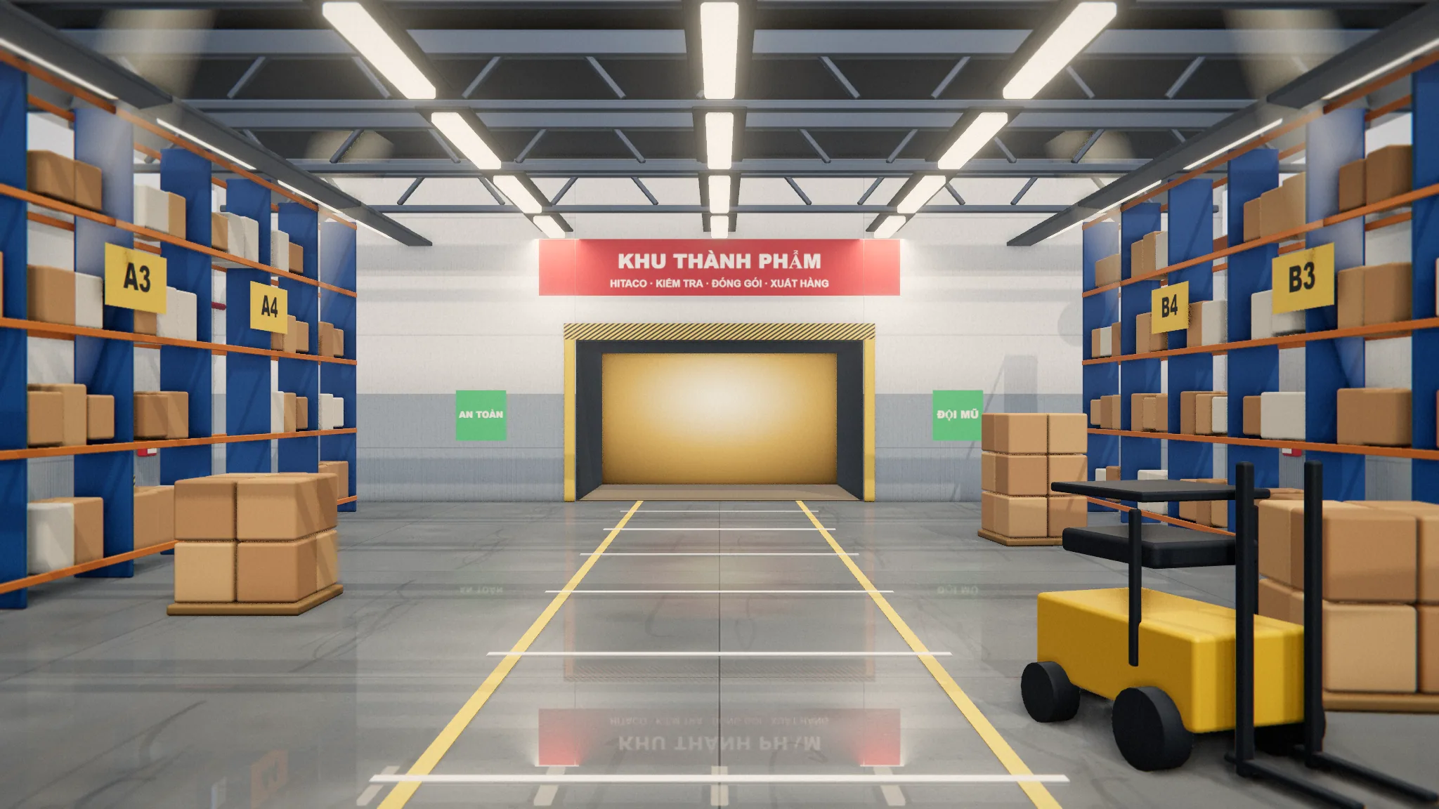 Kho thành phẩm với giá kệ cao và lối đi vạch vàng (hình dựng 3D minh họa)